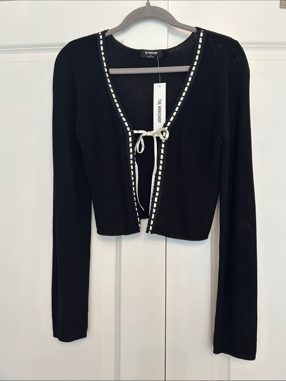 The Workshop Black Cropped Cardigan with Contrast Trim